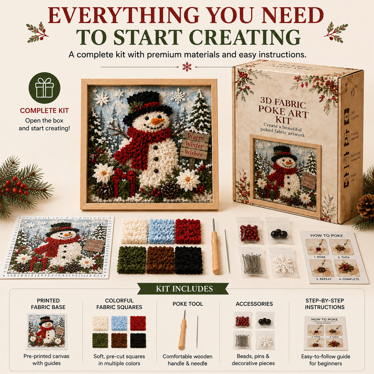 ⛄ DIY Snowman Fabric Poke Art Kit, Handmade 3D Christmas Holiday Decoration Craft Set