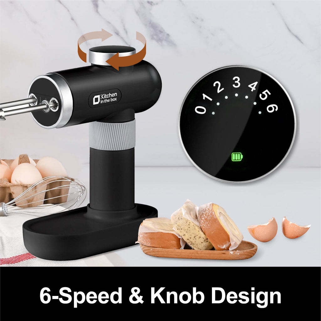 Electric Handheld Mixer with Whisks, Cordless, 6 Speeds, USB-C Charging, Knob Adjust, Digital Display
