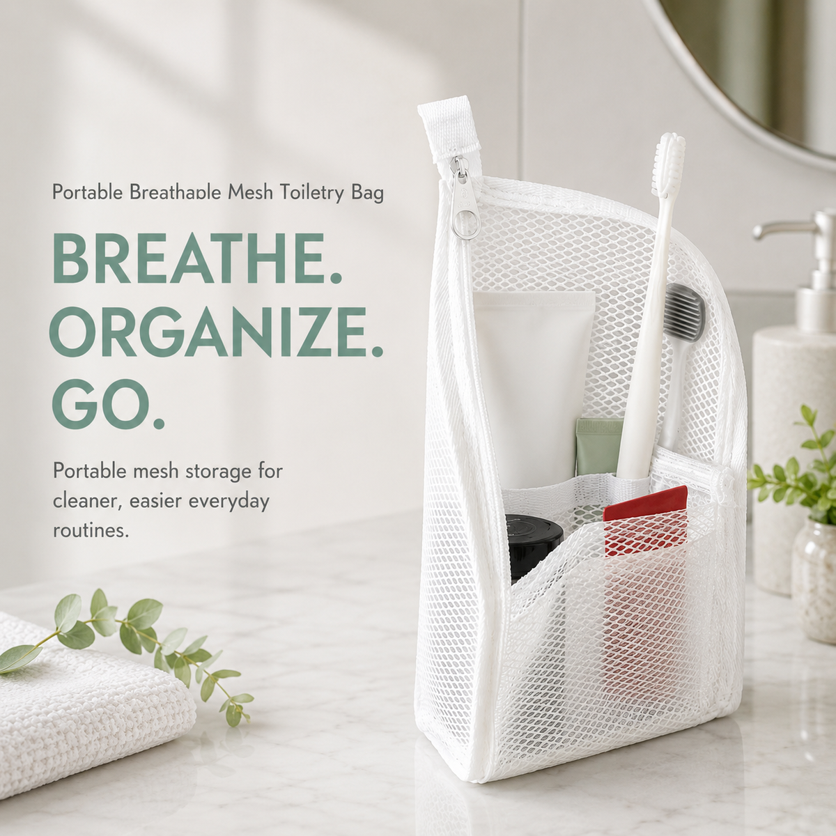 🧼 2‑Pack Quick‑Dry Mesh Hanging Toiletry Bag with Toothbrush Slots