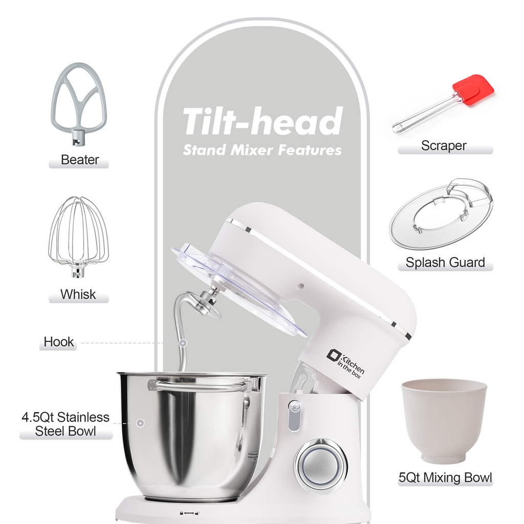 10 Speed Tilt-Head 4.5QT & 5QT Stand Mixer, Matte Food Mixer with Two Bowls, Egg Whisk, Dough Hook & Flat Beater for Daily Use