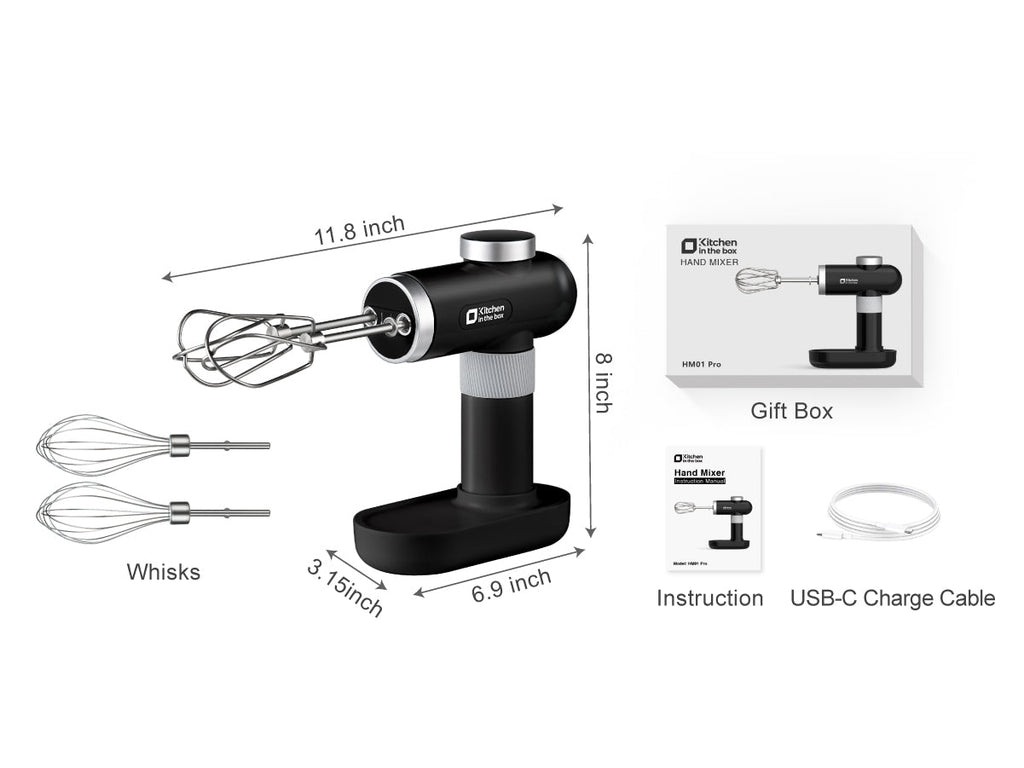 Electric Handheld Mixer with Whisks, Cordless, 6 Speeds, USB-C Charging, Knob Adjust, Digital Display