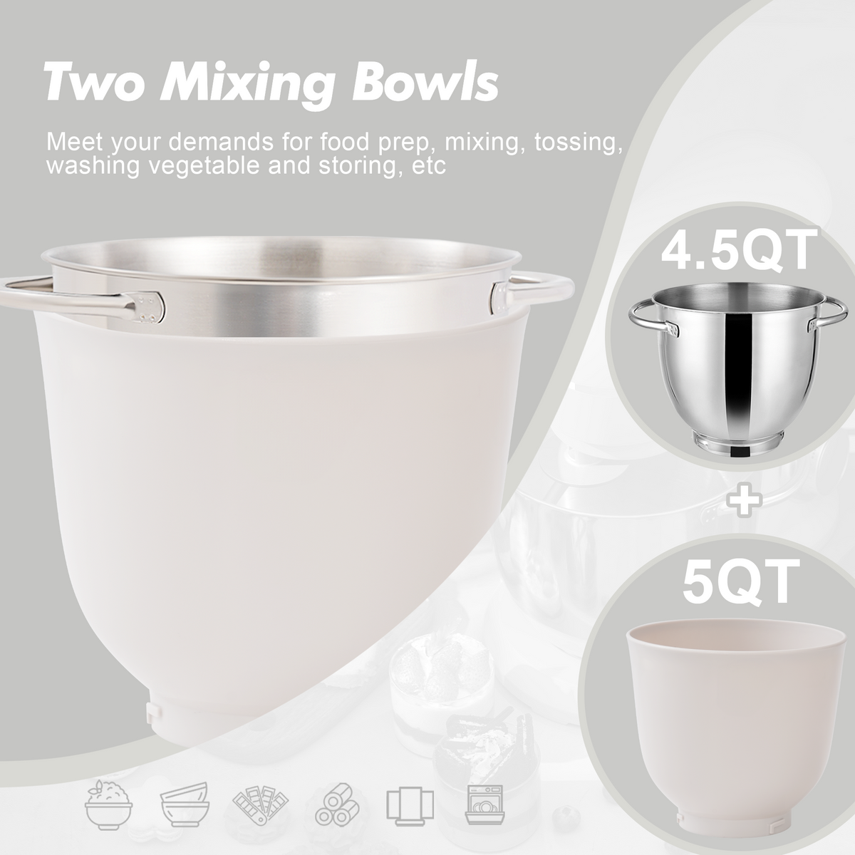 10 Speed Tilt-Head 4.5QT & 5QT Stand Mixer, Matte Food Mixer with Two Bowls, Egg Whisk, Dough Hook & Flat Beater for Daily Use