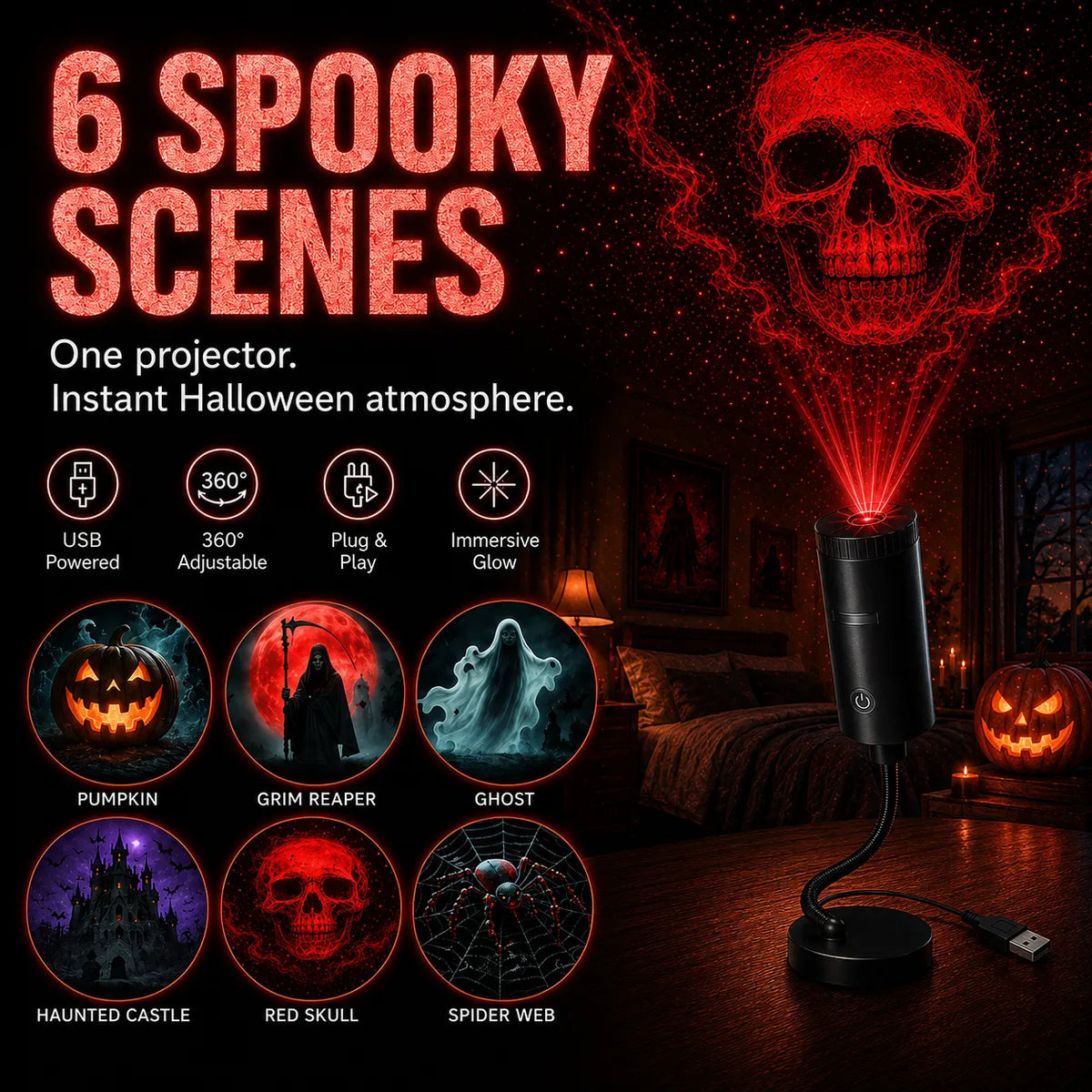 🎄👻⭐ Plug & Play Holiday Projector, Christmas & Halloween Home Decor